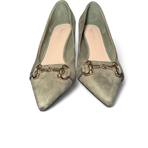 Torta Caliente 10W Faux Suede Block Heel Pumps Green Gold Bit Detail Comfort Sho - Picture 7 of 8